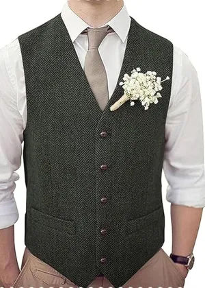 Men's Tweed Vest Herringbone Wool Waistcoat for Wedding Men Vests Formal Groom's Wear Suit Vest