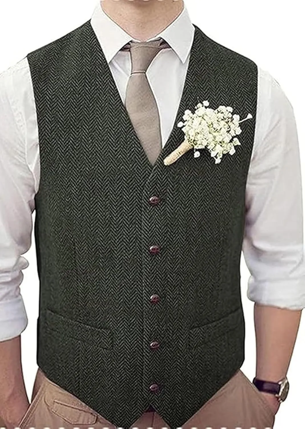 Men's Tweed Vest Herringbone Wool Waistcoat for Wedding Men Vests Formal Groom's Wear Suit Vest