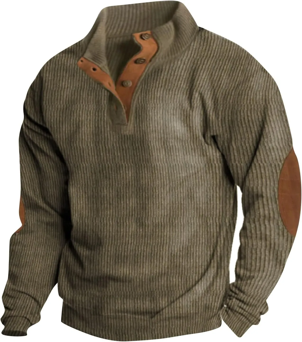 Mens Vintage Sweatshirt Casual Henley Pullover Waffle Button Up Sweater Long Sleeve Shirt with Patched Elbow