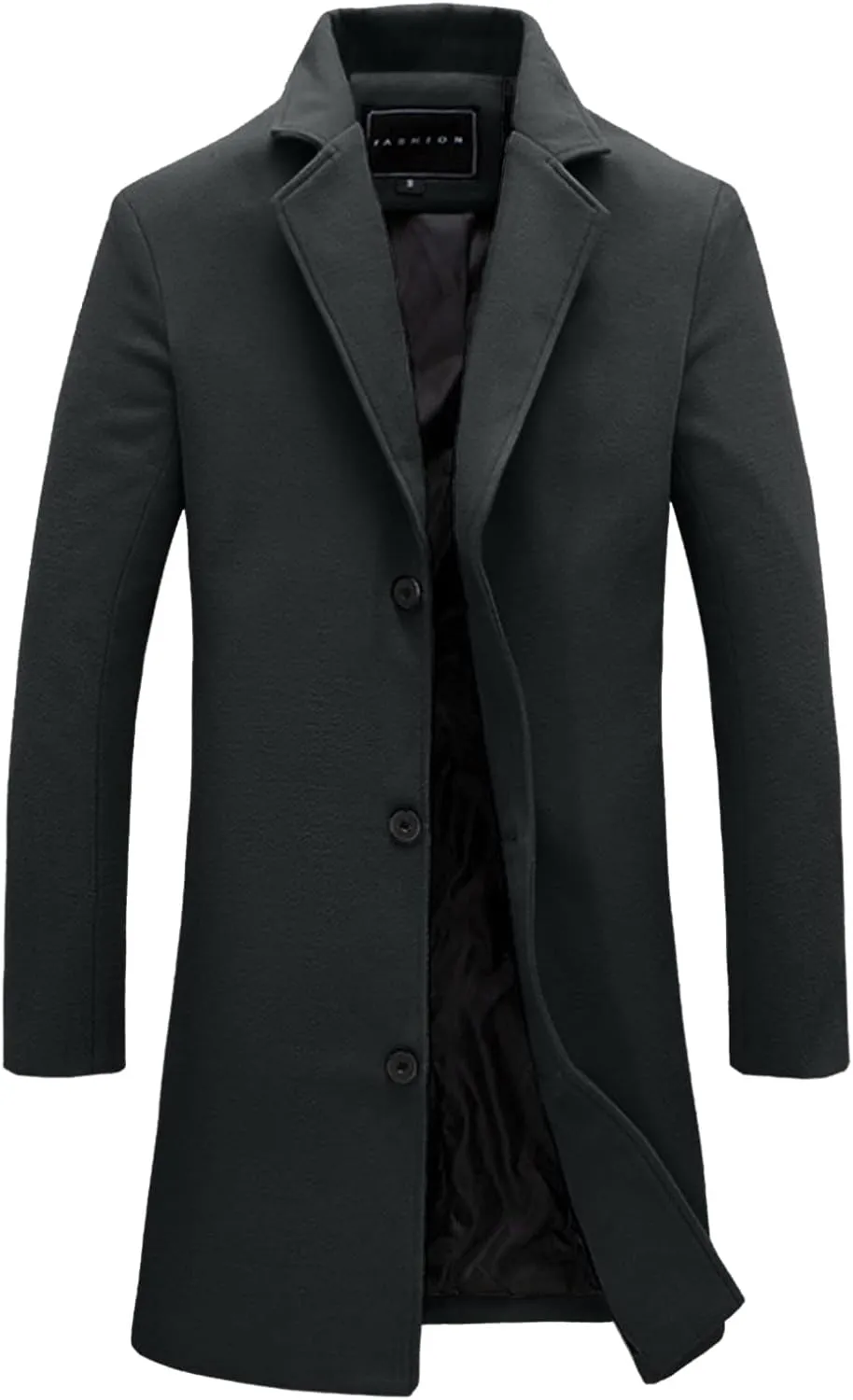 Mens Wool Blend Trench Coat Slim Fit Notched Collar Long Jacket Winter Overcoat Single Breasted Pea Coat wih Pockets