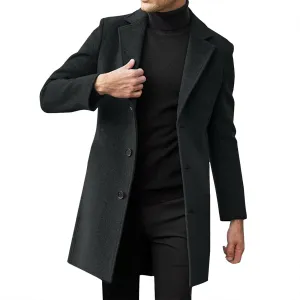Mens Wool Blend Trench Coat Slim Fit Notched Collar Long Jacket Winter Overcoat Single Breasted Pea Coat wih Pockets