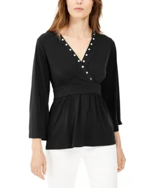 Michael Michael Kors Embellished V-Neck Top, Regular & Petite - Black