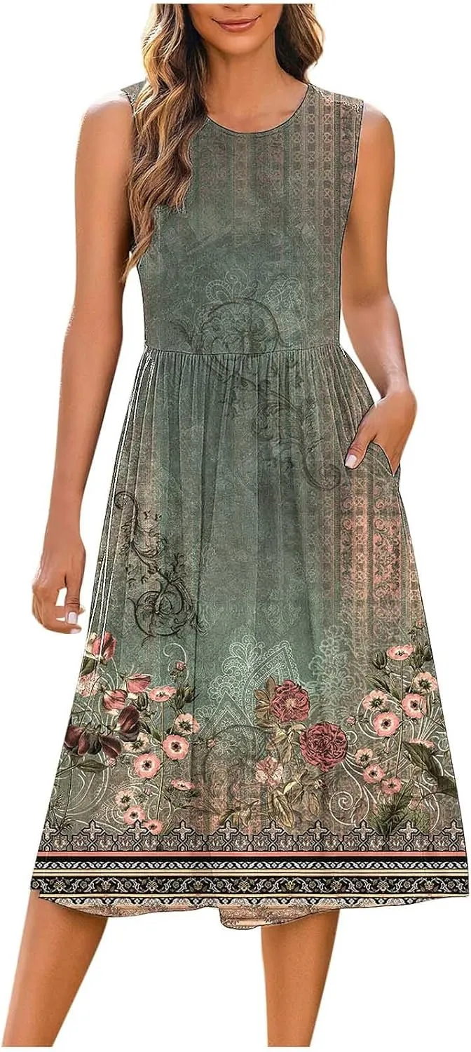 Midi Dresses for Women Casual Floral Graphic Tank Midi Dress Sleeveless Pocketed a Line Dresses Summer Beach Outfits
