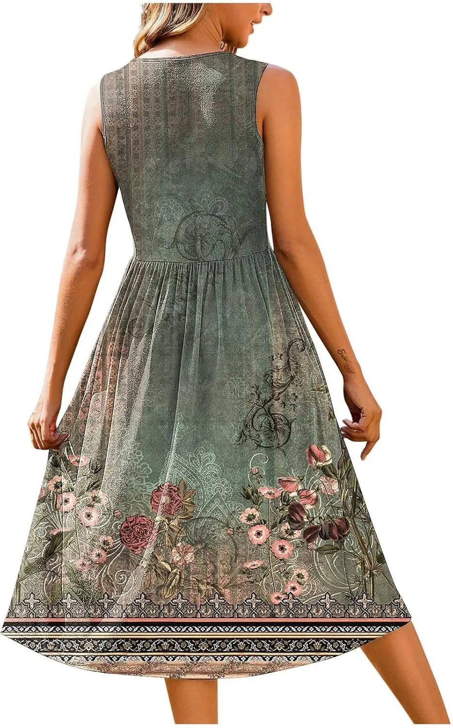 Midi Dresses for Women Casual Floral Graphic Tank Midi Dress Sleeveless Pocketed a Line Dresses Summer Beach Outfits