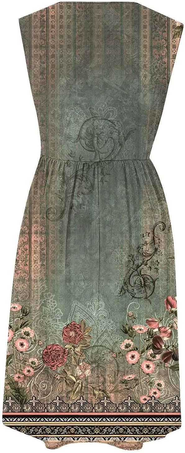 Midi Dresses for Women Casual Floral Graphic Tank Midi Dress Sleeveless Pocketed a Line Dresses Summer Beach Outfits
