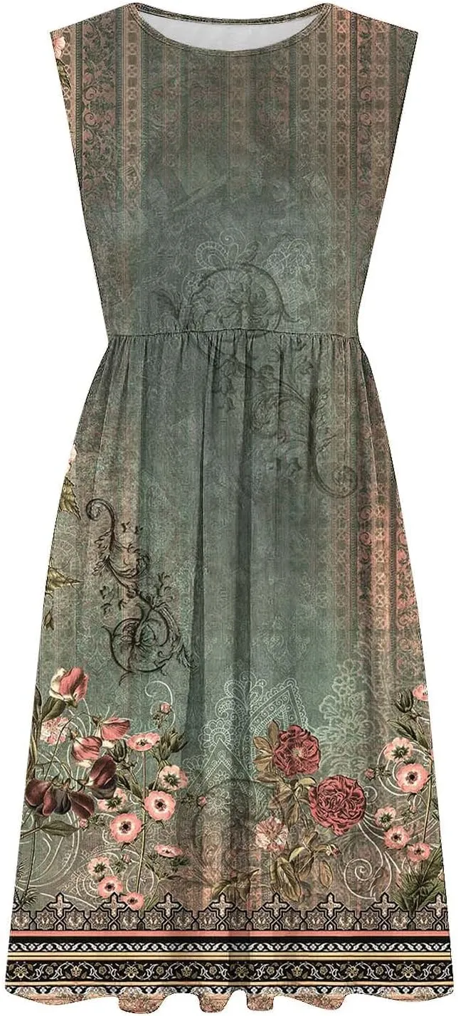 Midi Dresses for Women Casual Floral Graphic Tank Midi Dress Sleeveless Pocketed a Line Dresses Summer Beach Outfits