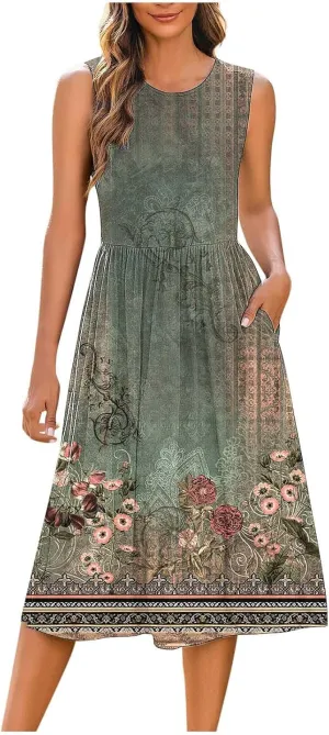 Midi Dresses for Women Casual Floral Graphic Tank Midi Dress Sleeveless Pocketed a Line Dresses Summer Beach Outfits