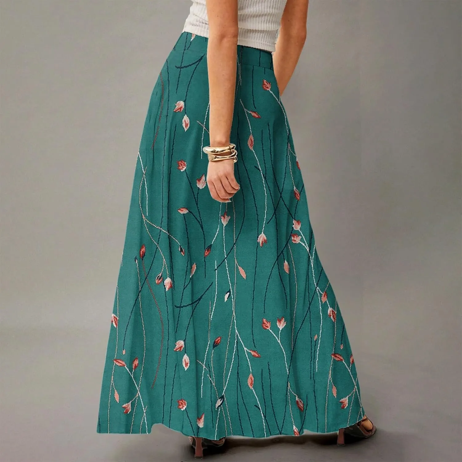 Midi Skirts for Women High Waisted Pleated A-Line Summer Swing Floral Long with Pockets