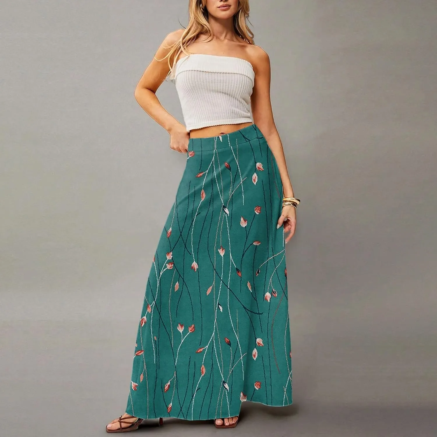 Midi Skirts for Women High Waisted Pleated A-Line Summer Swing Floral Long with Pockets