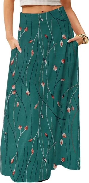 Midi Skirts for Women High Waisted Pleated A-Line Summer Swing Floral Long with Pockets