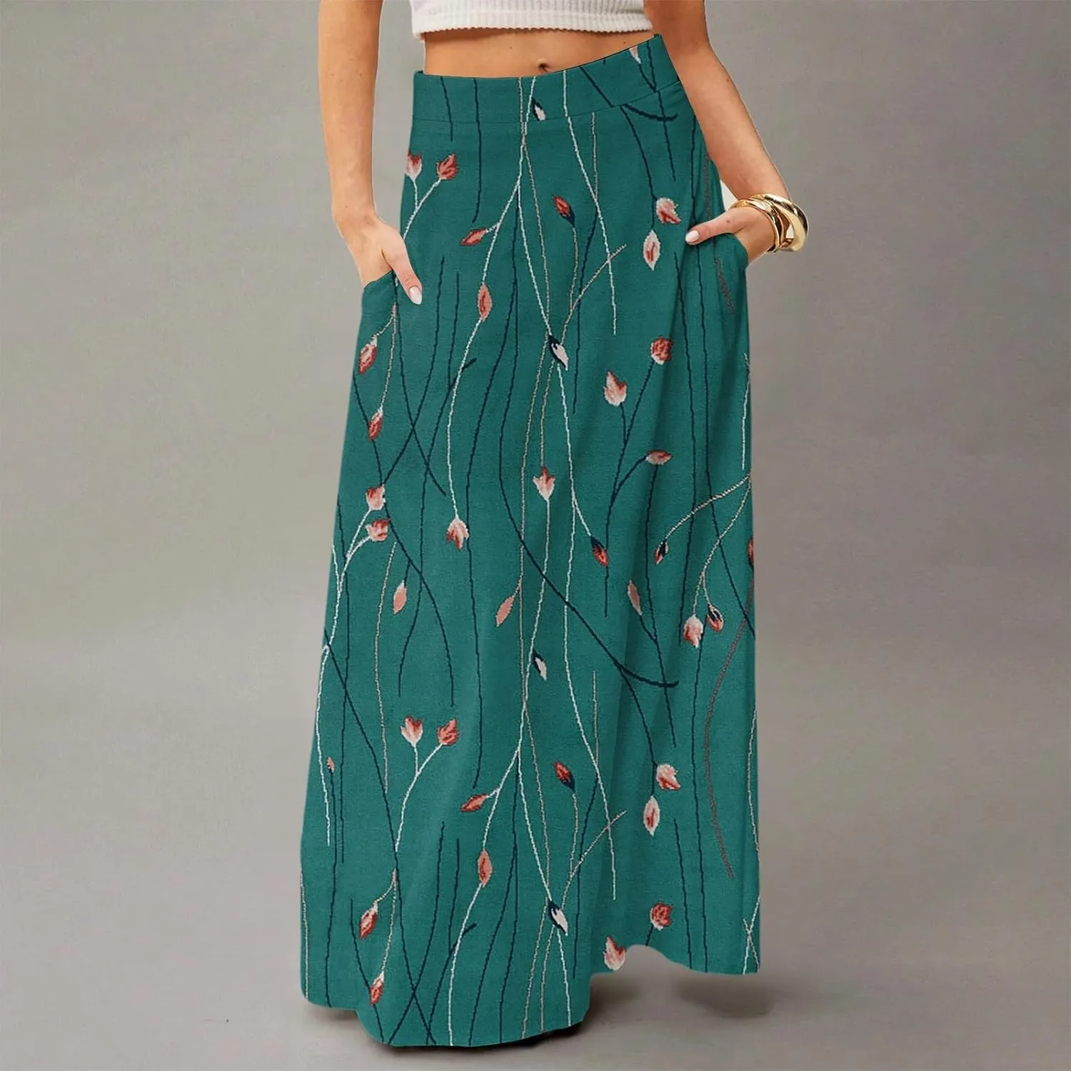 Midi Skirts for Women High Waisted Pleated A-Line Summer Swing Floral Long with Pockets