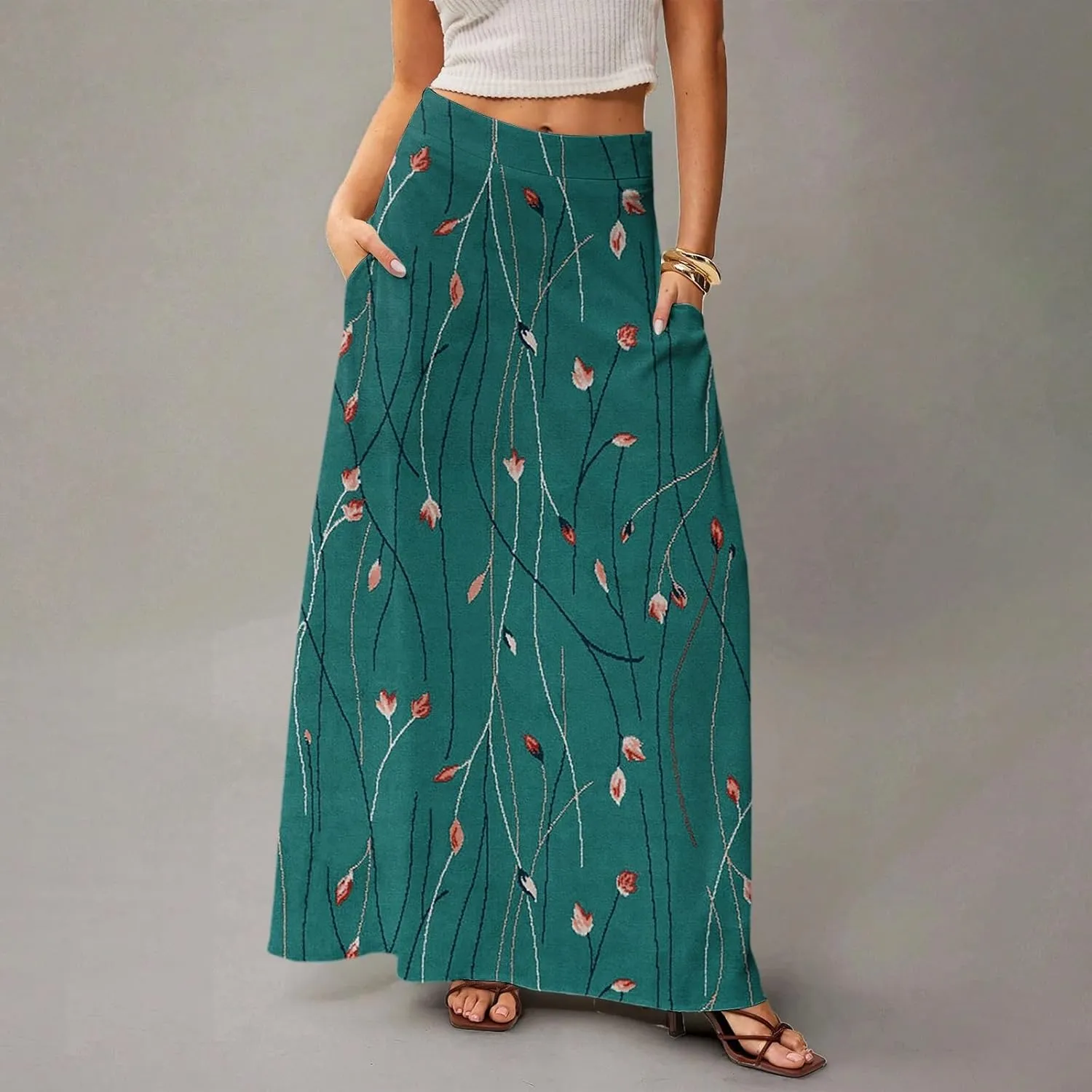 Midi Skirts for Women High Waisted Pleated A-Line Summer Swing Floral Long with Pockets