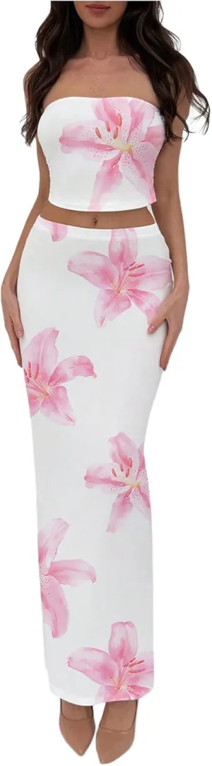 Milumia Women's 2 Piece Outfits Summer Floral Strapless Crop Bandeau Tube Top Maxi Skirt Set