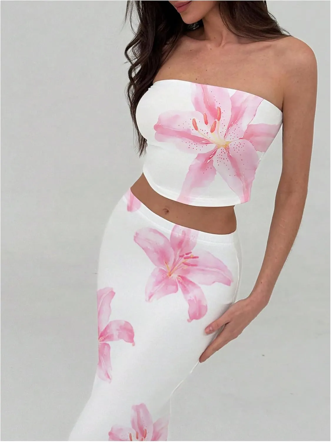 Milumia Women's 2 Piece Outfits Summer Floral Strapless Crop Bandeau Tube Top Maxi Skirt Set