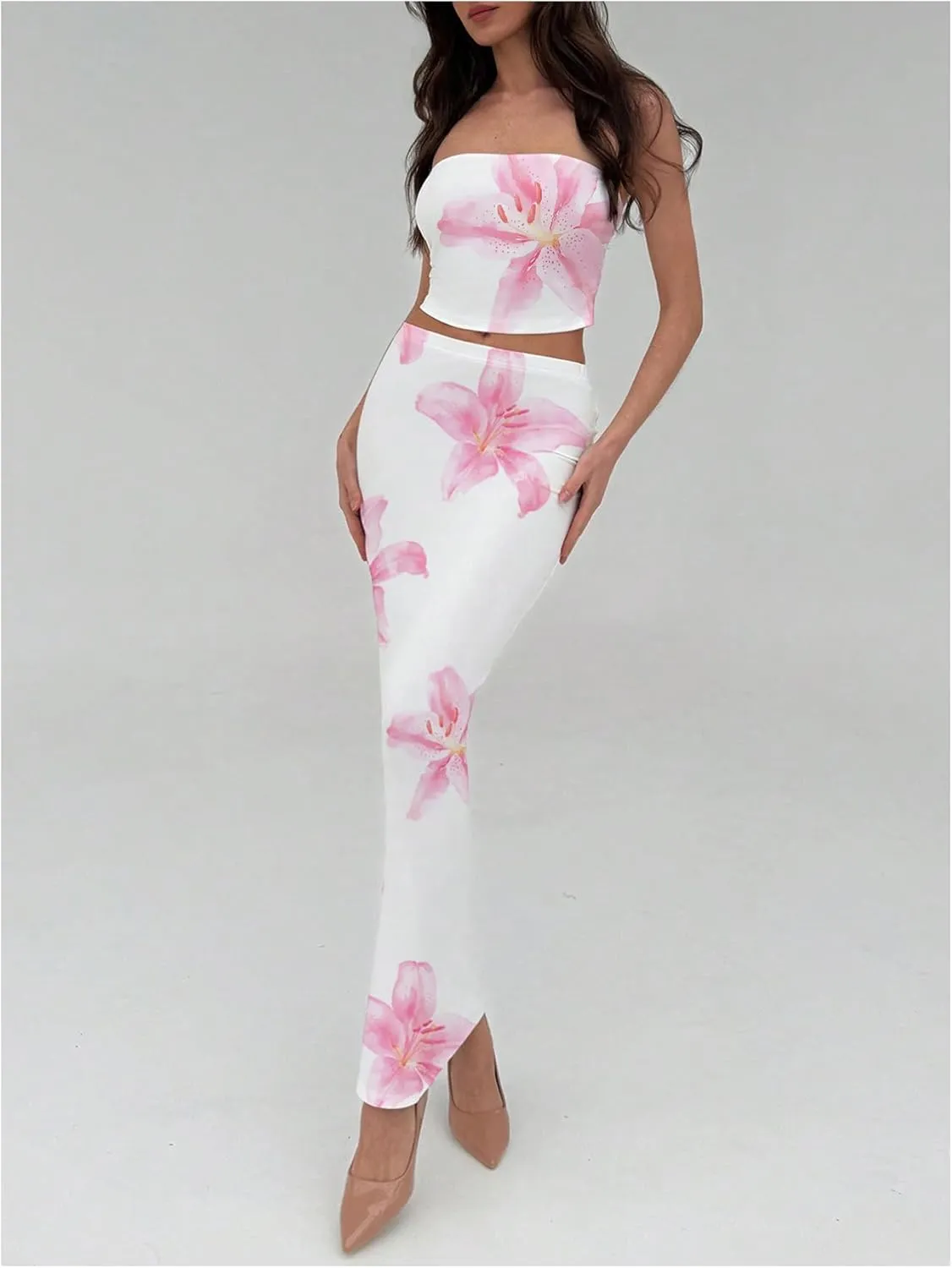 Milumia Women's 2 Piece Outfits Summer Floral Strapless Crop Bandeau Tube Top Maxi Skirt Set