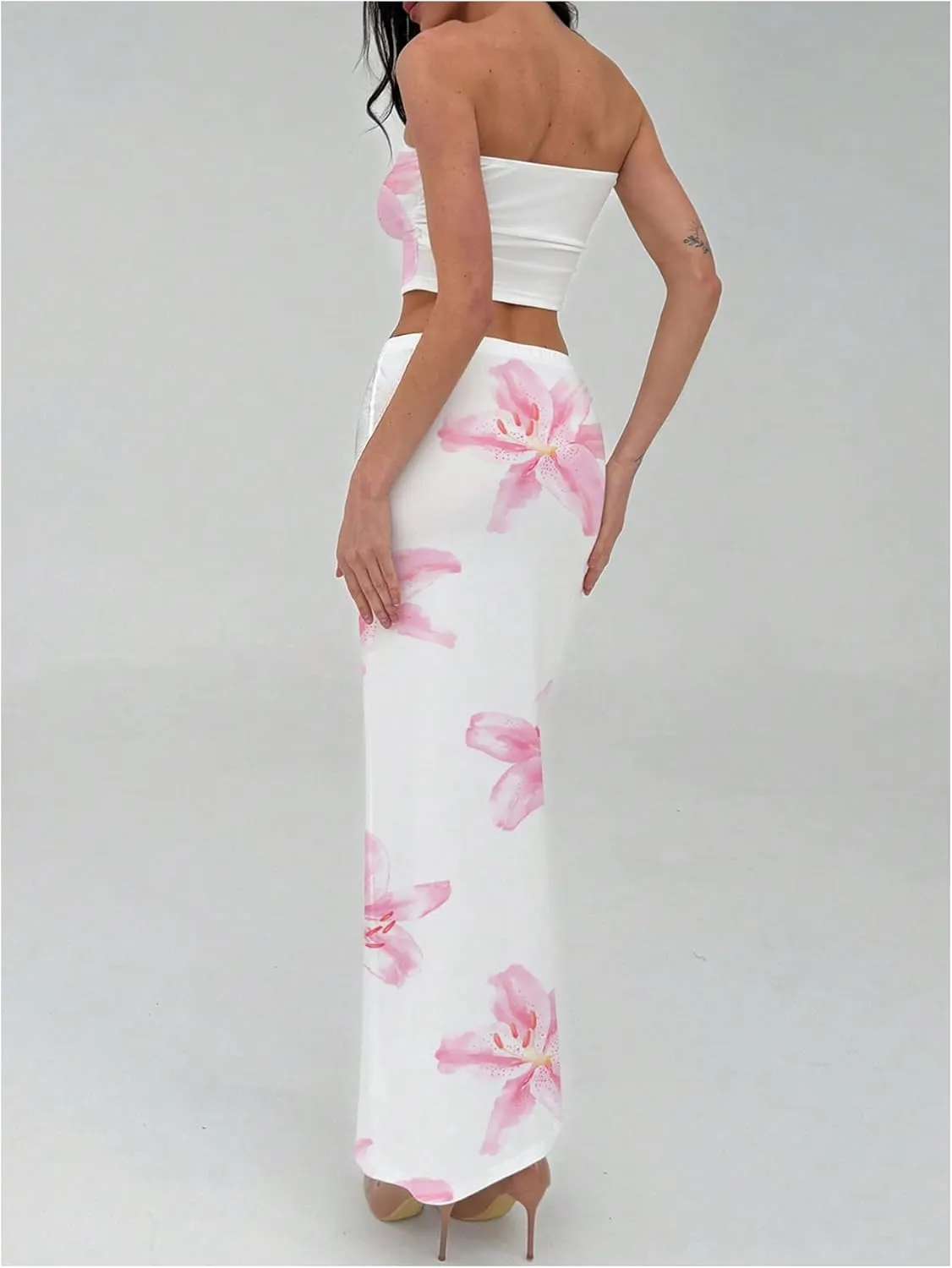 Milumia Women's 2 Piece Outfits Summer Floral Strapless Crop Bandeau Tube Top Maxi Skirt Set