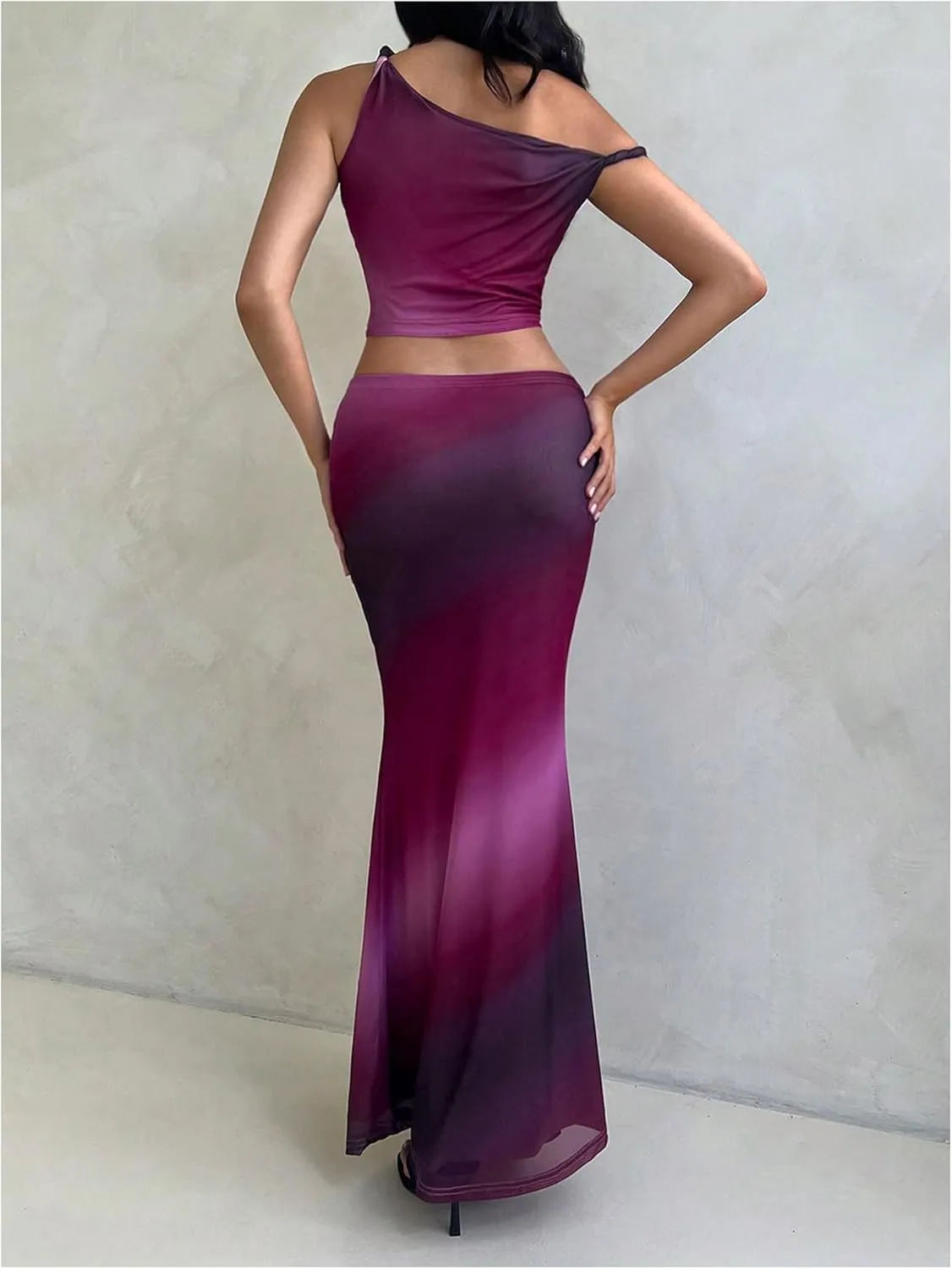 Milumia Women's 2 Piece Tie Dye Outfit Twisted Off Shoulder Tank Top Mesh Maxi Skirt Set