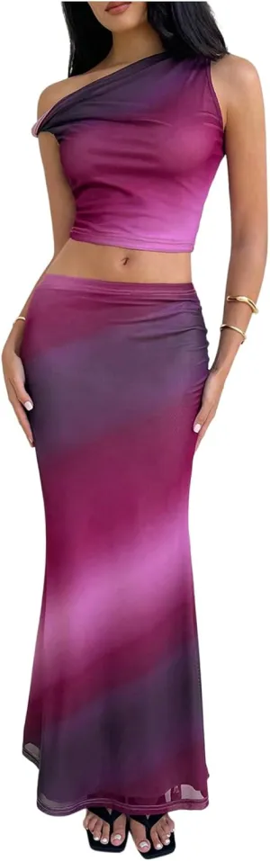 Milumia Women's 2 Piece Tie Dye Outfit Twisted Off Shoulder Tank Top Mesh Maxi Skirt Set