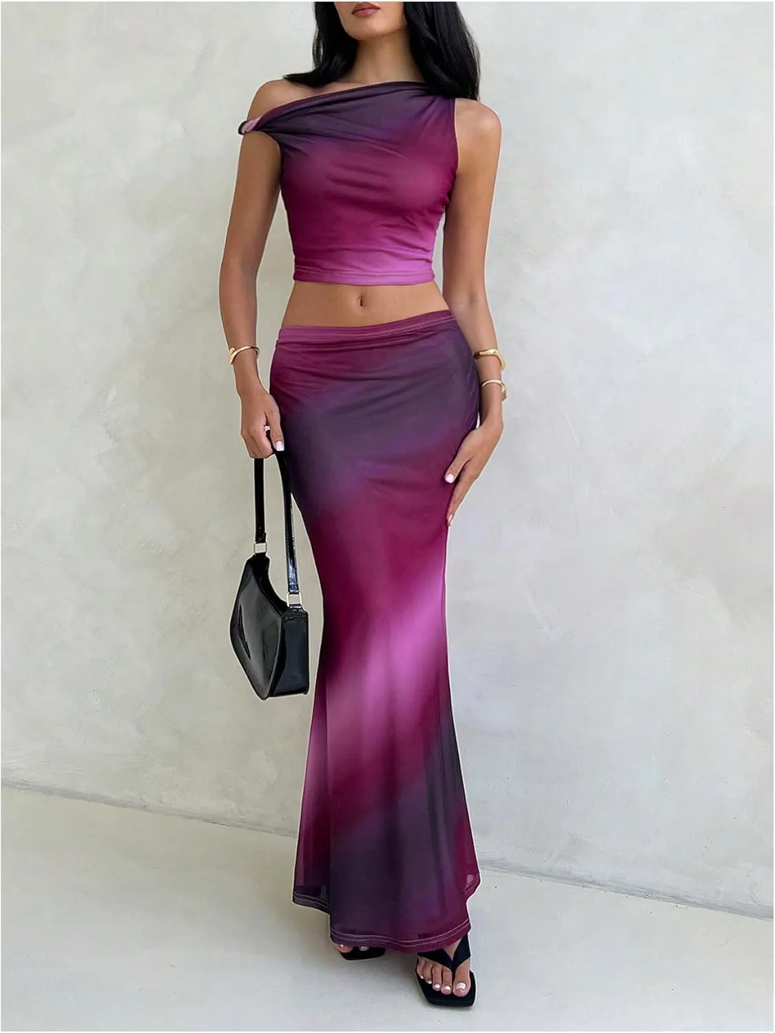 Milumia Women's 2 Piece Tie Dye Outfit Twisted Off Shoulder Tank Top Mesh Maxi Skirt Set