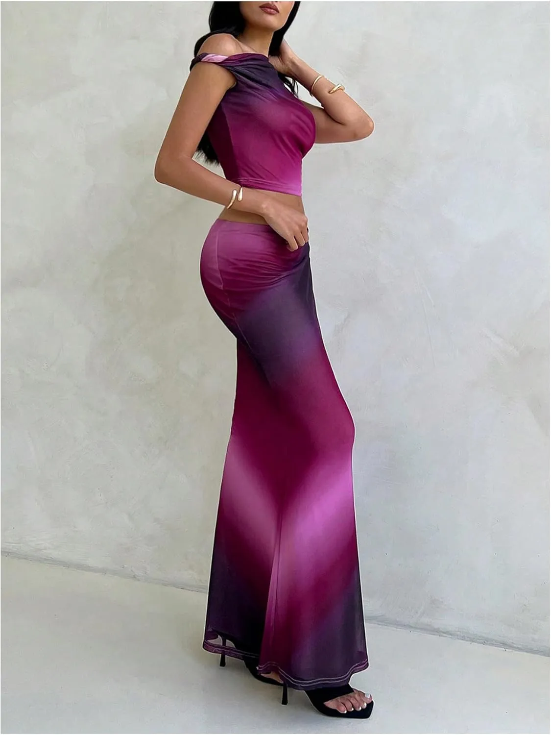 Milumia Women's 2 Piece Tie Dye Outfit Twisted Off Shoulder Tank Top Mesh Maxi Skirt Set
