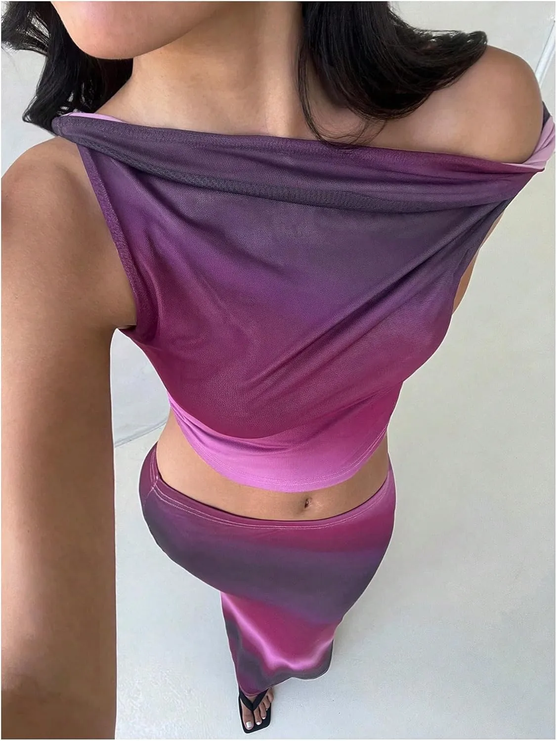 Milumia Women's 2 Piece Tie Dye Outfit Twisted Off Shoulder Tank Top Mesh Maxi Skirt Set