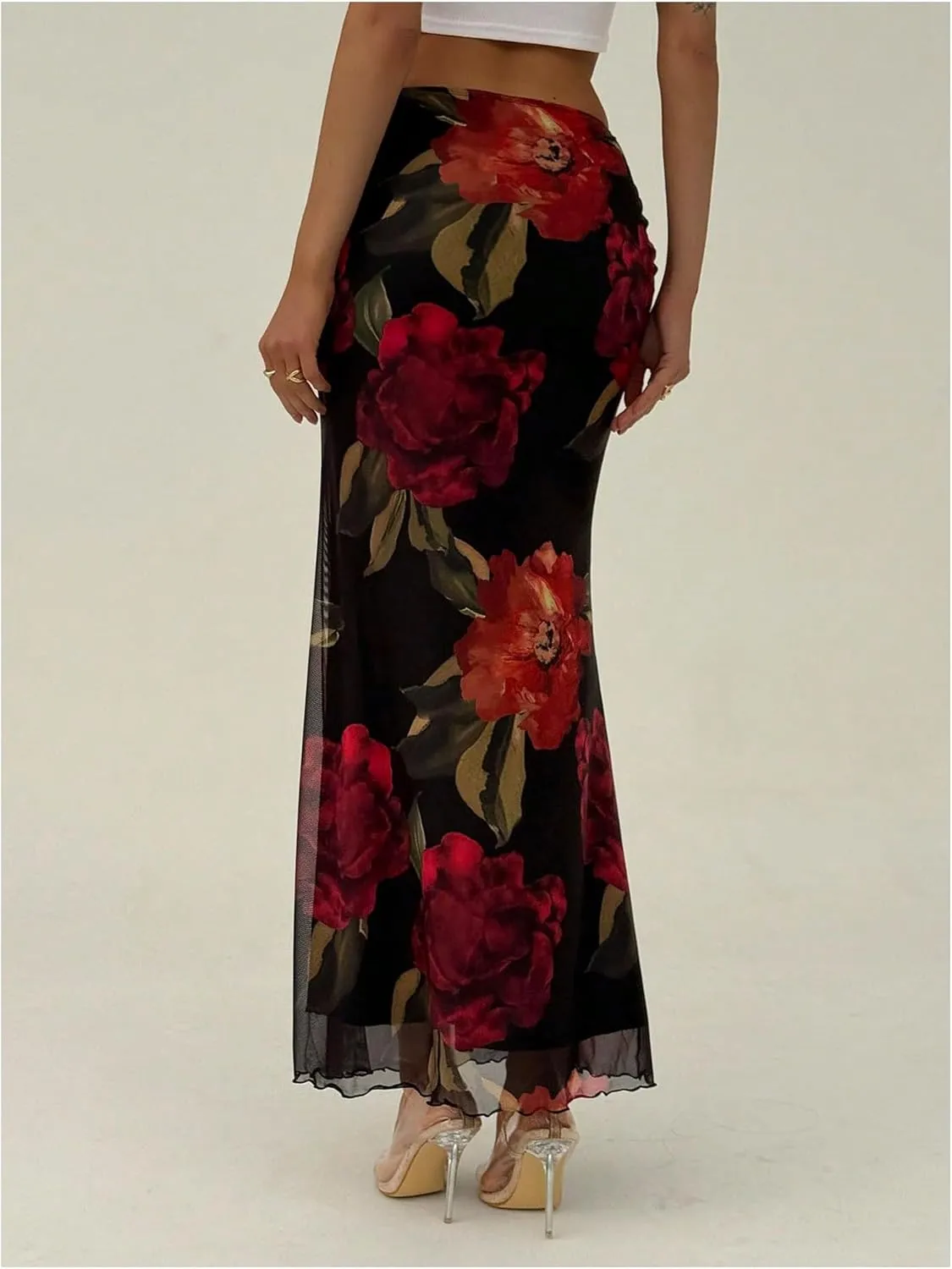 Milumia Women's Floral Ruched Mesh Maxi Skirt Elegant Lettuce Trim Fishtail Long Skirts