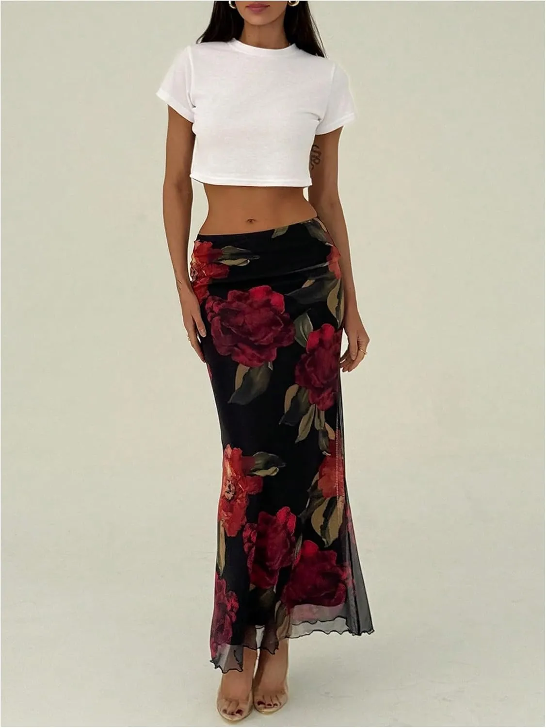 Milumia Women's Floral Ruched Mesh Maxi Skirt Elegant Lettuce Trim Fishtail Long Skirts