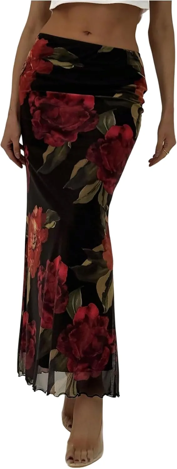 Milumia Women's Floral Ruched Mesh Maxi Skirt Elegant Lettuce Trim Fishtail Long Skirts