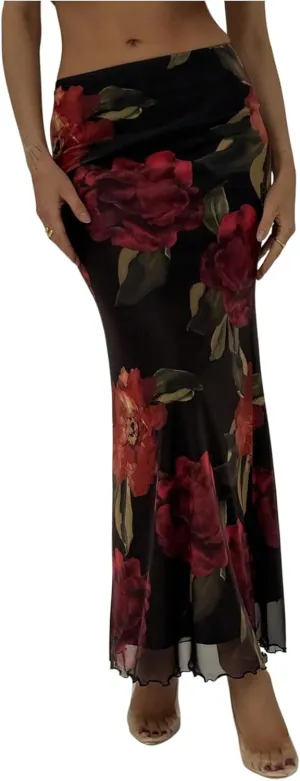 Milumia Women's Floral Ruched Mesh Maxi Skirt Elegant Lettuce Trim Fishtail Long Skirts