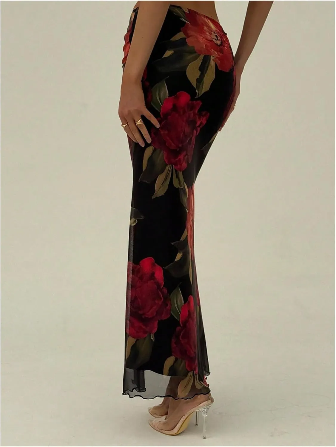 Milumia Women's Floral Ruched Mesh Maxi Skirt Elegant Lettuce Trim Fishtail Long Skirts