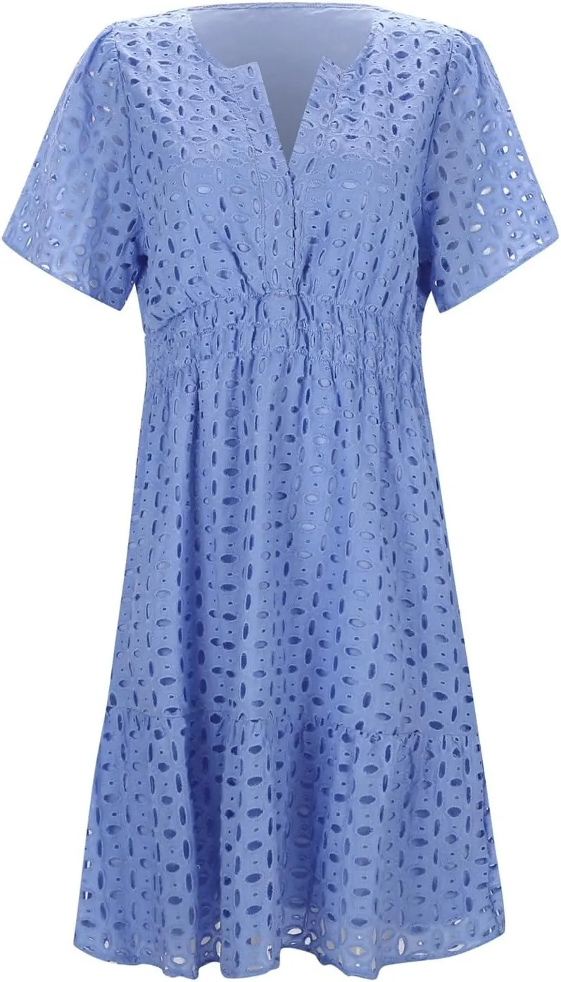 Mini Dress for Women 2025 Summer Short Dresses V Neck Short Sleeve a Line Hollow Out Lace Ruffle Cute Party Dresses