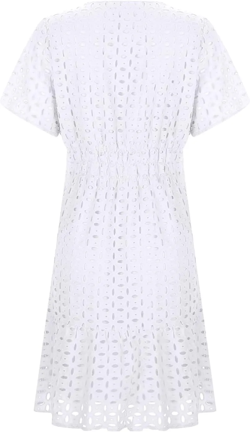 Mini Dress for Women 2025 Summer Short Dresses V Neck Short Sleeve a Line Hollow Out Lace Ruffle Cute Party Dresses