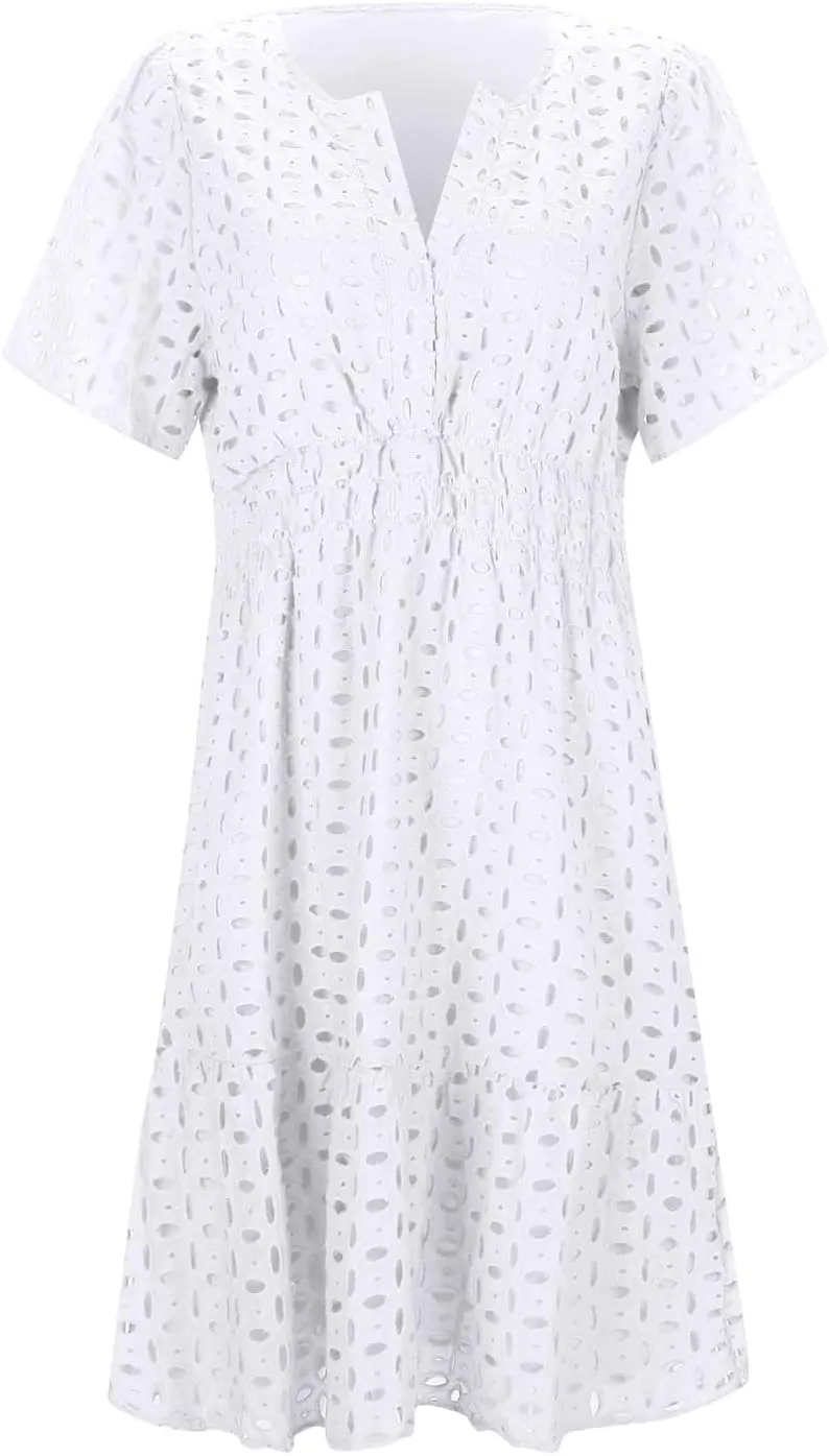 Mini Dress for Women 2025 Summer Short Dresses V Neck Short Sleeve a Line Hollow Out Lace Ruffle Cute Party Dresses