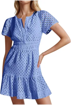 Mini Dress for Women 2025 Summer Short Dresses V Neck Short Sleeve a Line Hollow Out Lace Ruffle Cute Party Dresses