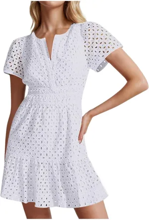 Mini Dress for Women 2025 Summer Short Dresses V Neck Short Sleeve a Line Hollow Out Lace Ruffle Cute Party Dresses