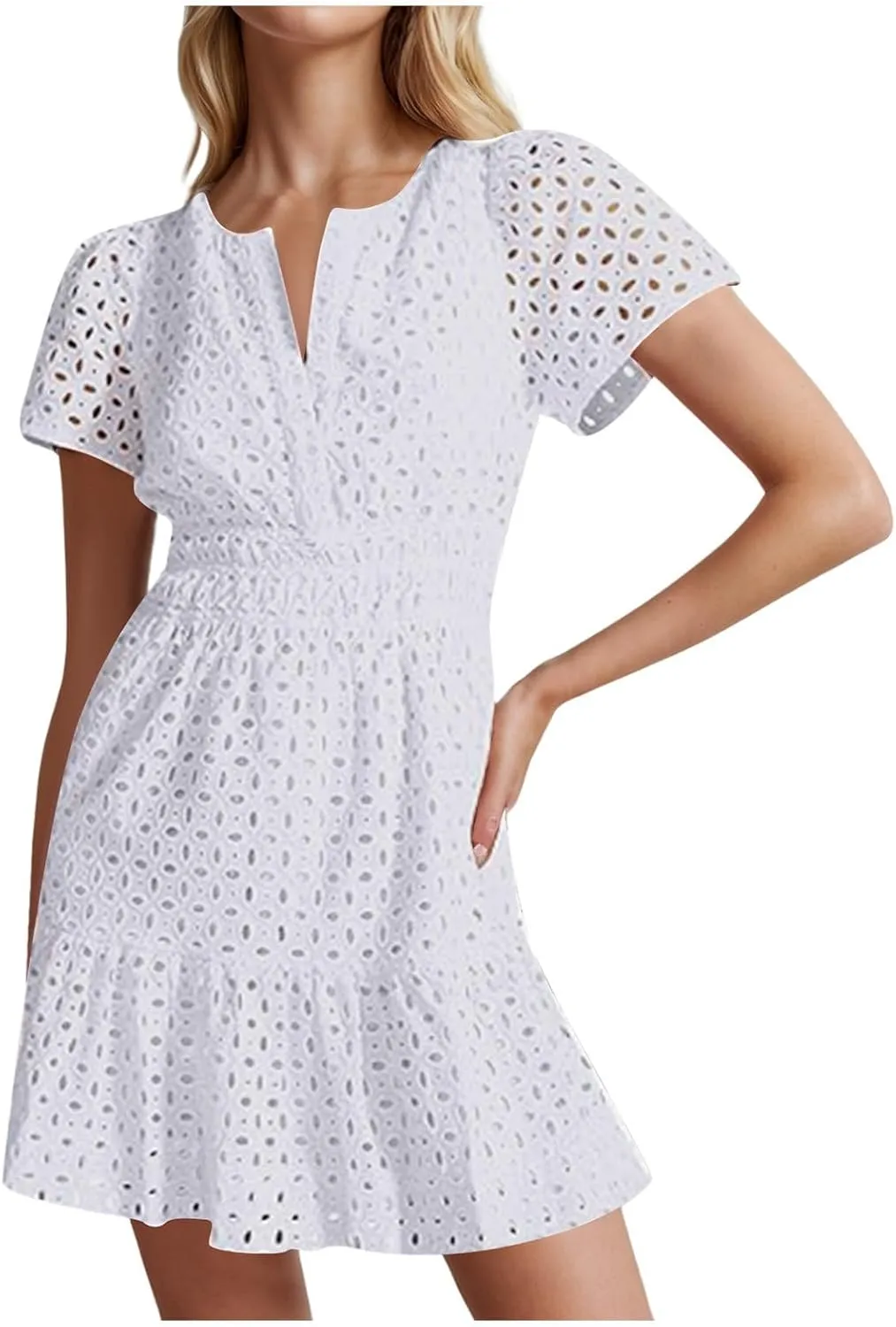 Mini Dress for Women 2025 Summer Short Dresses V Neck Short Sleeve a Line Hollow Out Lace Ruffle Cute Party Dresses