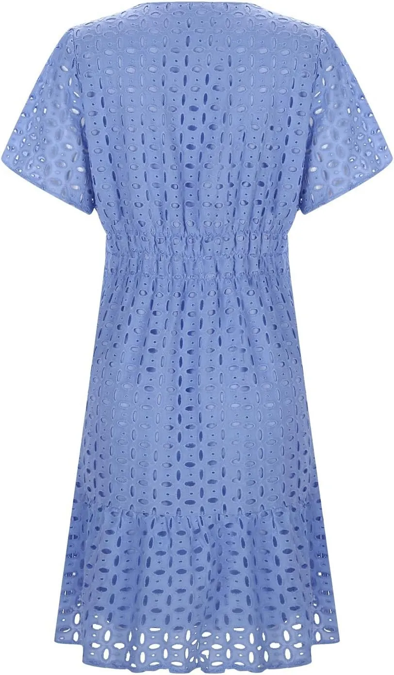 Mini Dress for Women 2025 Summer Short Dresses V Neck Short Sleeve a Line Hollow Out Lace Ruffle Cute Party Dresses