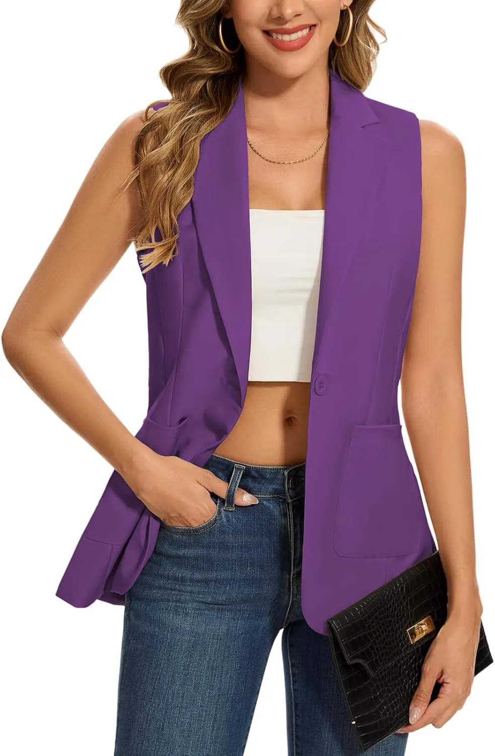 MINTLIMIT Women's Sleeveless Blazer Vest Summer Casual Open Front Lapel Collar Work Office Button Suit Vests with Pockets