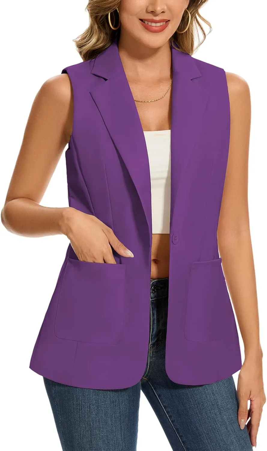 MINTLIMIT Women's Sleeveless Blazer Vest Summer Casual Open Front Lapel Collar Work Office Button Suit Vests with Pockets