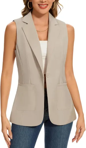 MINTLIMIT Women's Sleeveless Blazer Vest Summer Casual Open Front Lapel Collar Work Office Button Suit Vests with Pockets
