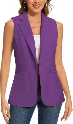 MINTLIMIT Women's Sleeveless Blazer Vest Summer Casual Open Front Lapel Collar Work Office Button Suit Vests with Pockets