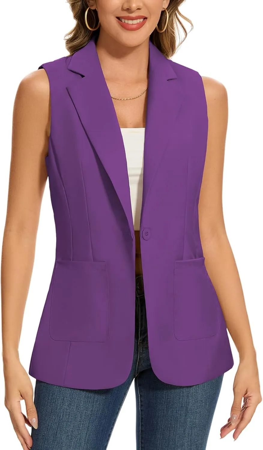 MINTLIMIT Women's Sleeveless Blazer Vest Summer Casual Open Front Lapel Collar Work Office Button Suit Vests with Pockets