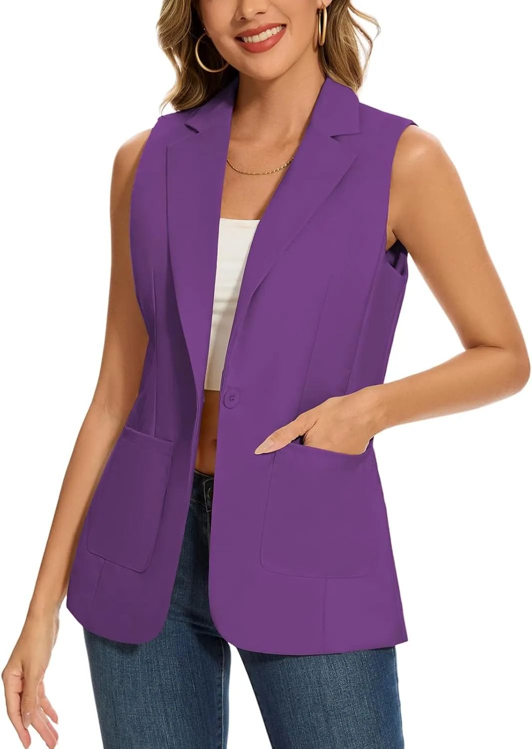 MINTLIMIT Women's Sleeveless Blazer Vest Summer Casual Open Front Lapel Collar Work Office Button Suit Vests with Pockets