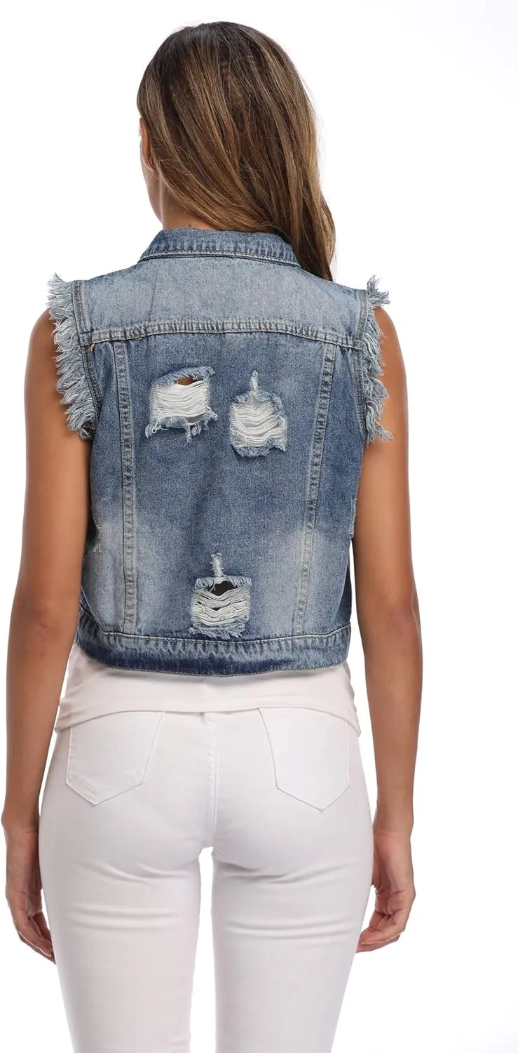 MISS MOLY Women Denim Vest Sleeveless Jean Vest with Chest Pockets