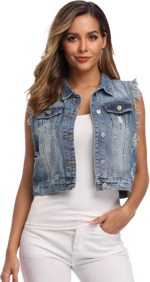 MISS MOLY Women Denim Vest Sleeveless Jean Vest with Chest Pockets