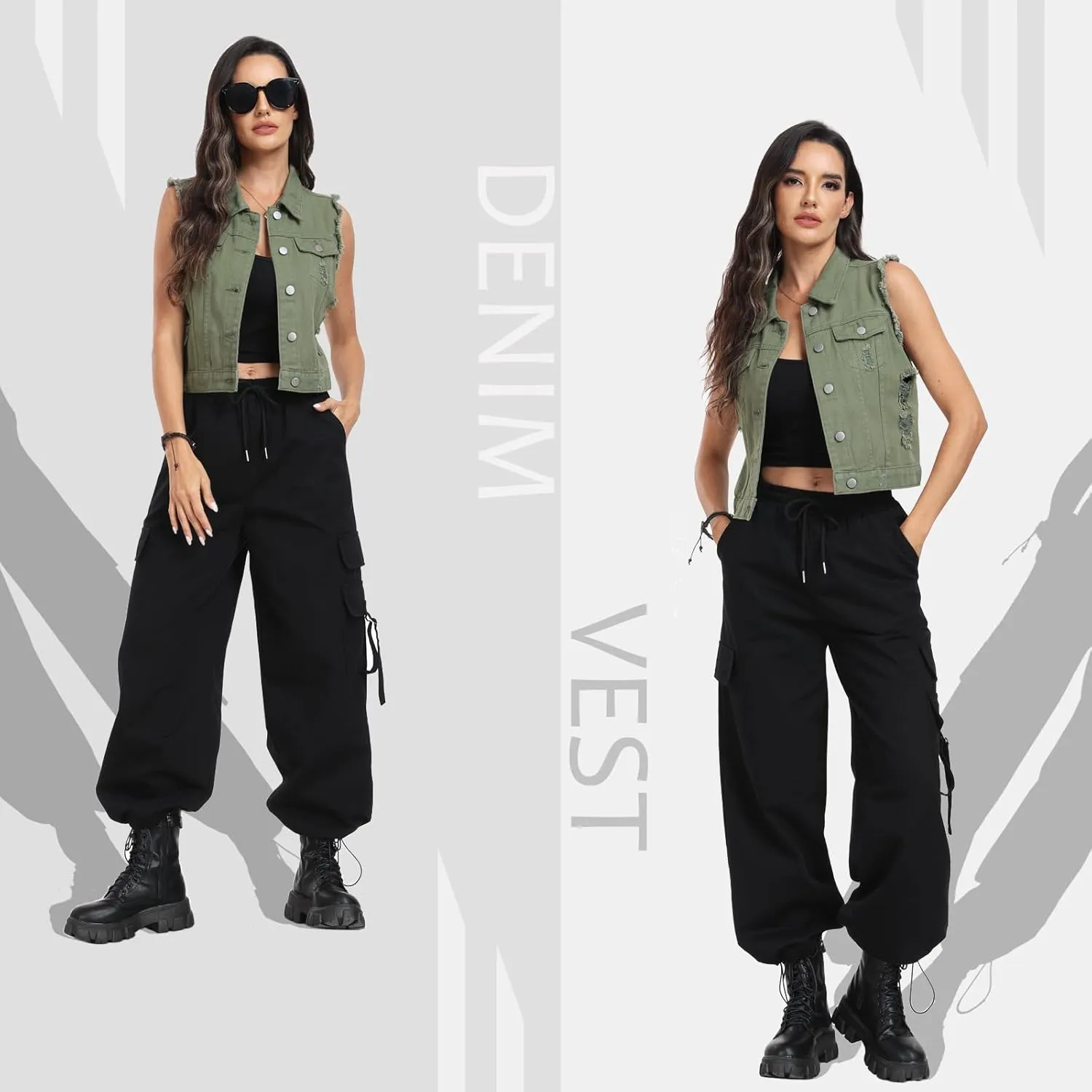 MISS MOLY Women's Cropped Distressed Ripped Denim Vest Classic Sleeveless Jean Vest Jackets With Flap Pockets