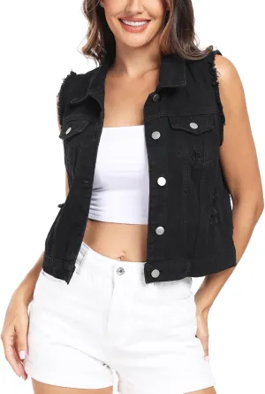 MISS MOLY Women's Cropped Distressed Ripped Denim Vest Classic Sleeveless Jean Vest Jackets With Flap Pockets