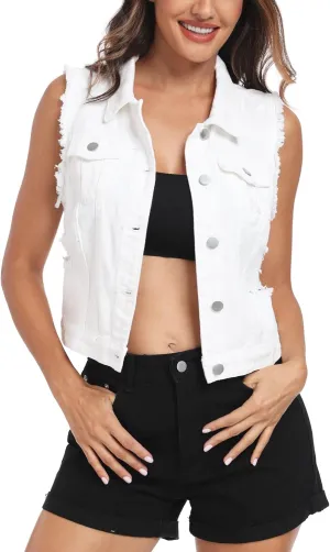 MISS MOLY Women's Cropped Distressed Ripped Denim Vest Classic Sleeveless Jean Vest Jackets With Flap Pockets