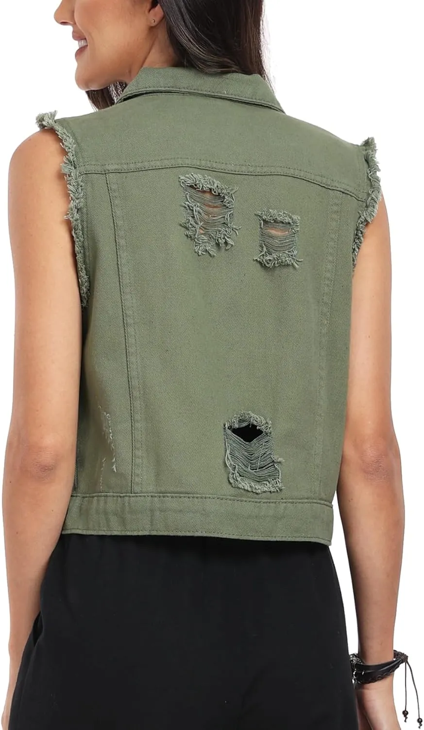 MISS MOLY Women's Cropped Distressed Ripped Denim Vest Classic Sleeveless Jean Vest Jackets With Flap Pockets