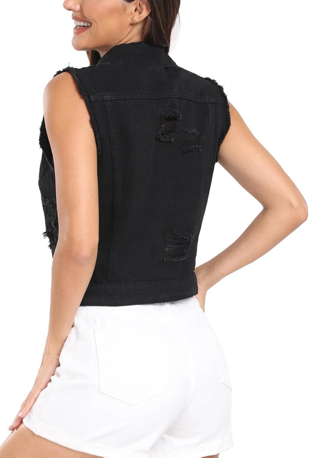 MISS MOLY Women's Cropped Distressed Ripped Denim Vest Classic Sleeveless Jean Vest Jackets With Flap Pockets